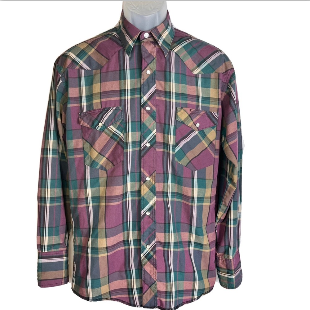 Wrangler Pearl Snap Western Shirt Men 15x33 Plaid Cowboy Rodeo Long Tails‎